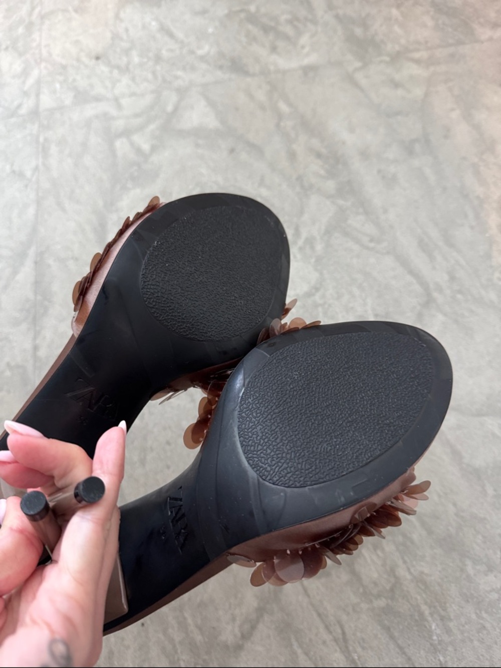 NWOT ZARA Brown Sequin Stiletto Slide Heels - Picture 5 of 5